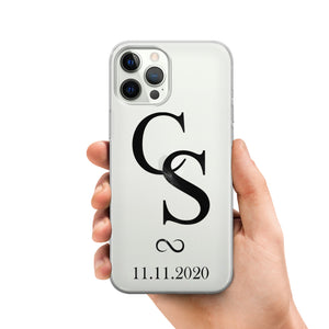 iPhone 12 Silikon Transparent Handyhülle mit Initialen und Wunschdatum frei Wählbar Hochzeitstag Geschen