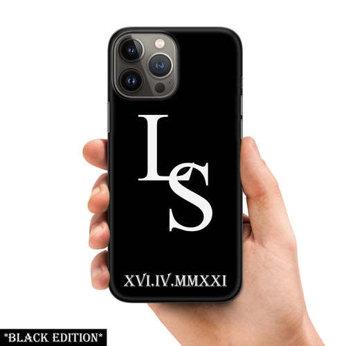 Handyhülle SChwarz Matt mit Initialen und unschdatum für iPhone Samsung 